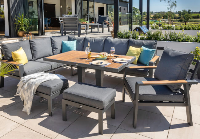 Image of Hartman Asher Rectangular Casual Dining Set with Adjustable Table - Matt Xerix/Grey Harris/Teak