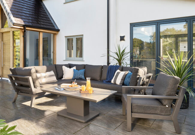 Image of LIFE Timber High Arm Soltex Corner Sofa Set in Lava / Graphite - Complete Set