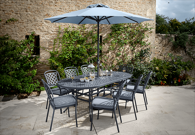 Image of Hartman Berkeley 8 Seat Oval Dining Set in Antique Grey / Platinum