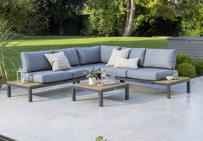 Image of Kettler Elba Low Corner Sofa Set with Signature Cushions in Anthracite / Teak
