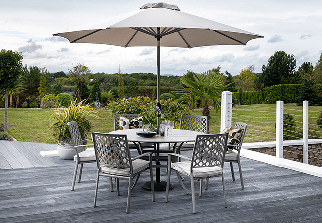 Image of Hartman Avebury 6 Seat Round Ceramic Table Dining Set in Crimini / Moon