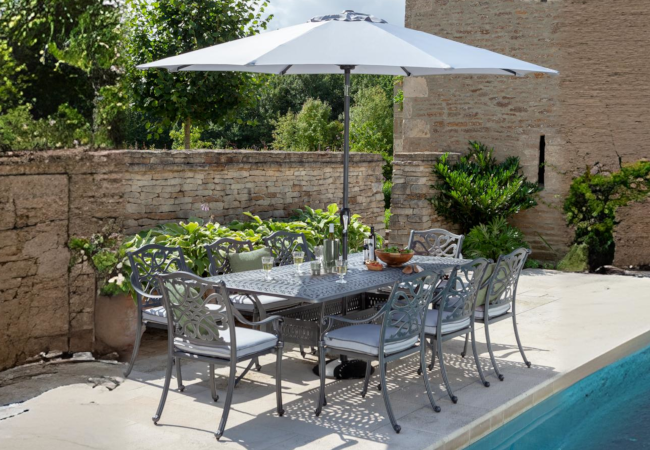 Image of Hartman Capri 8 Seat Rectangular Dining Set in Antique Grey/Platinum