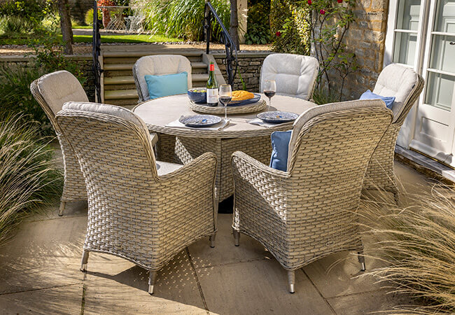 Image of Hartman Eton Tuscan 6 Seat Round Dining Set with Lazy Susan in Beech/Oatmeal - No Parasol