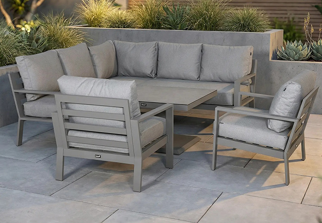 Image of Hartman Rio Square Corner Set with Adjustable Table and Lounge Chairs in Taupe and Pewter