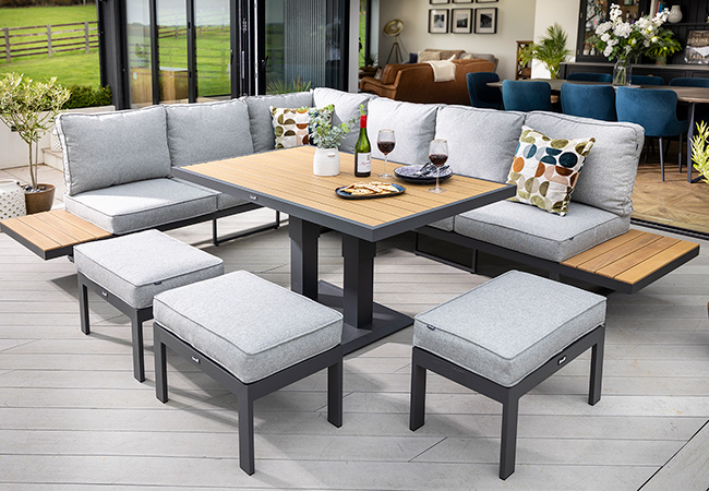 Image of Hartman Sonas Rectangular Platform Corner Sofa Set with Gas Pump Adjustable Table in Matt Xerix / Haze