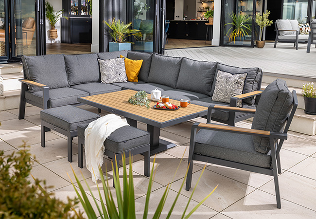 Image of Hartman Sonas Rectangular Corner Sofa Set with Gas Pump Adjustable Table in Matt Xerix / Harris