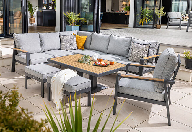 Image of Hartman Sonas Rectangular Corner Sofa Set with Gas Pump Adjustable Table in Matt Xerix / Haze