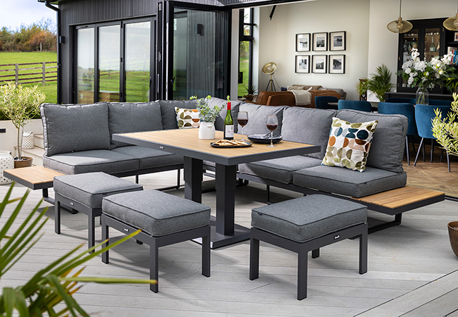 Image of Hartman Sonas Rectangular Platform Corner Sofa Set with Gas Pump Adjustable Table in Matt Xerix / Harris