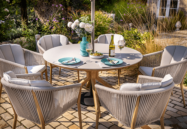 Image of Hartman Portico 6 Seat Round Dining Set in Almond and Ivory - NO PARASOL