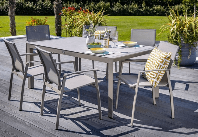 Image of Hartman Rio 6 Seat Rectangular Dining Set in Taupe and Pewter - NO PARASOL