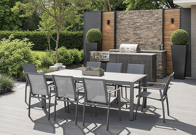 Image of Hartman Rio 8 Seat Rectangular Dining Set in Taupe and Pewter