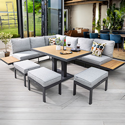 Image of Hartman Sonas Rectangular Platform Corner Sofa Set with Gas Pump Adjustable Table in Matt Xerix / Haze