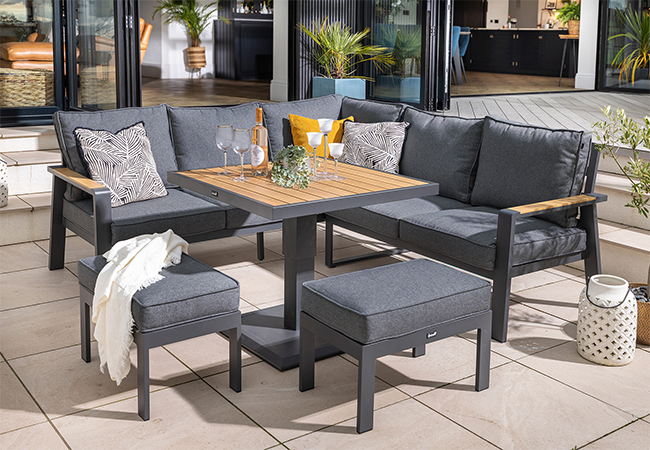 Image of Hartman Sonas Square Corner Sofa Set with Gas Pump Adjustable Table in Matt Xerix / Harris