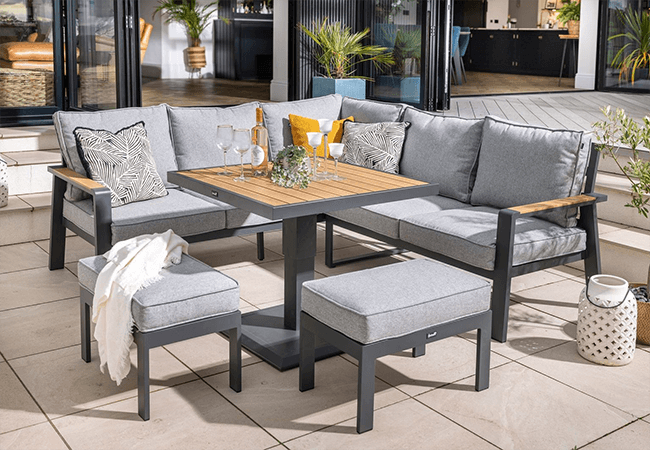 Image of Hartman Sonas Square Corner Sofa Set with Gas Pump Adjustable Table in Matt Xerix / Haze