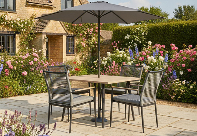 Image of Kettler Merano 4 Seat Dining Set with Parasol and Base
