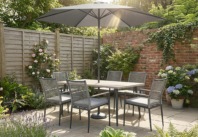 Image of Kettler Merano 6 Seat Dining Set with Parasol and Base