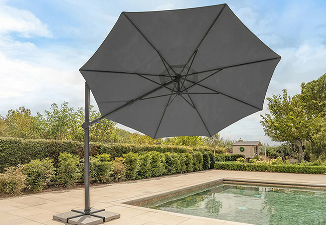 Image of Kettler Orion 3.0m Round LED Cantilever Parasol with Side Tilt, Granite Base & Night Cover - Grey Frame / Slate Canopy