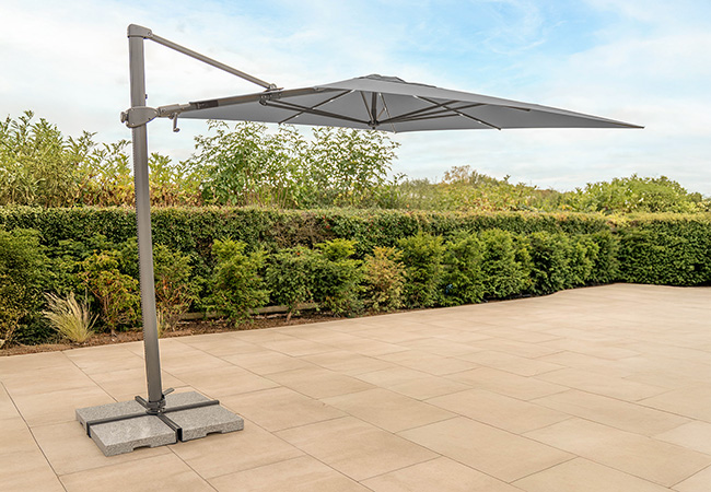 Image of Kettler Orion 3 x 3m Square LED Cantilever Parasol with Side Tilt, Granite Base & Night Cover - Grey Frame / Slate Canopy