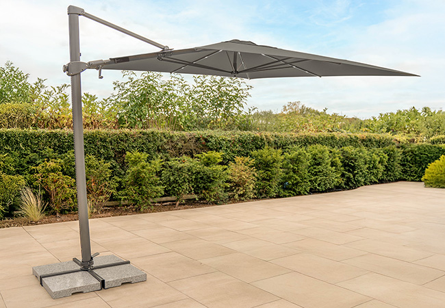 Image of Kettler Orion 3 x 3m Square LED Cantilever Parasol with Side Tilt, Granite Base & Night Cover - Grey Frame / Taupe Canopy