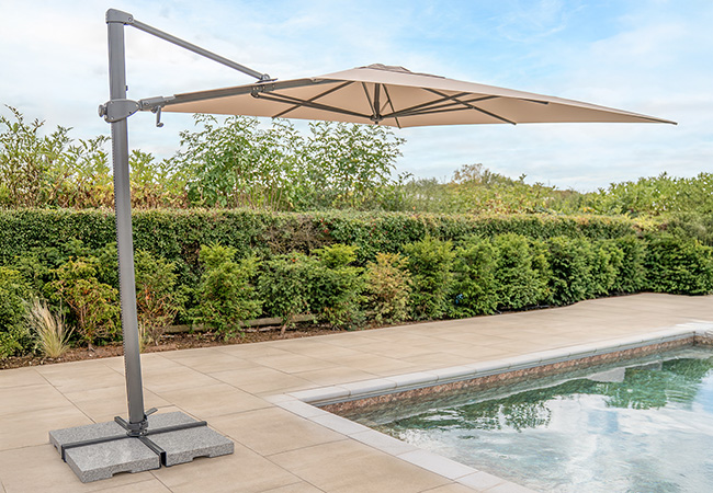 Image of Kettler Orion 3 x 3m Square LED Cantilever Parasol with Side Tilt, Granite Base & Night Cover - Grey Frame / Stone Canopy