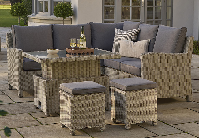 Image of Kettler Palma Mini Corner Set with Signature Cushions and Adjustable Glass Table in White Wash