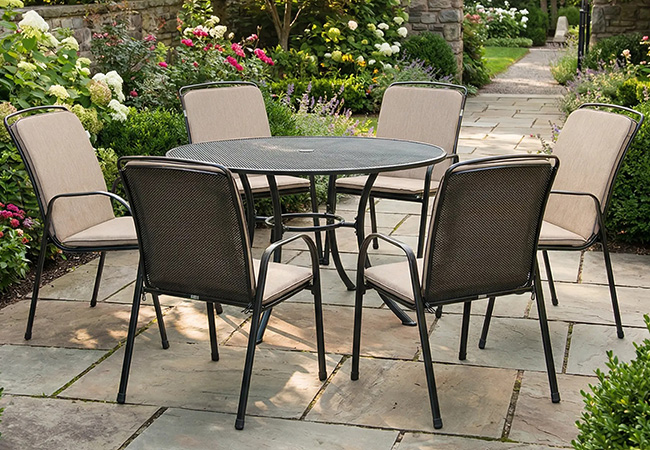 Image of Kettler Savita 6 Seat Round Dining Set with Parasol - Stone