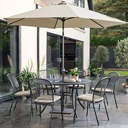 Image of Kettler Caredo 6 Seater Round Dining Set with Parasol in Stone