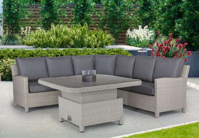 Image of Kettler Palma Grande Corner Set with Adjustable Slat Table and Signature Cushions in Whitewash/Taupe