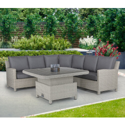 Small Image of Kettler Palma Grande Corner Set with Adjustable Slat Table and Signature Cushions in Whitewash/Taupe