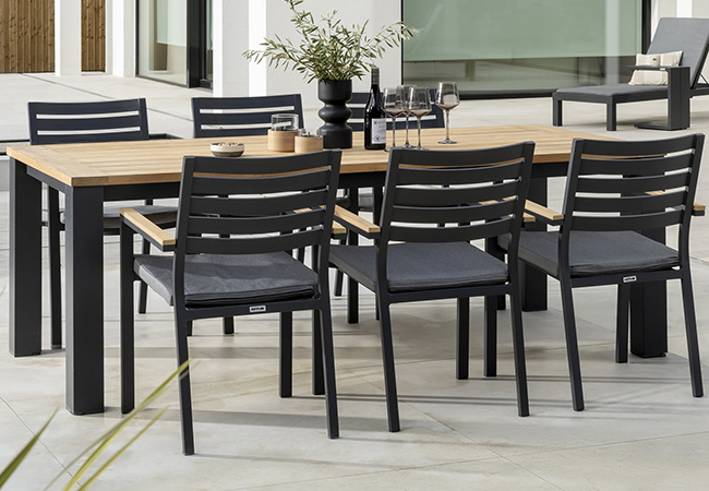 Image of Kettler Elba 6 Seat Dining Set in Teak/Grey with Signature Cushions