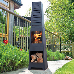 Image of La Hacienda Skyline Black Steel Garden Chiminea With Laser Cut Design