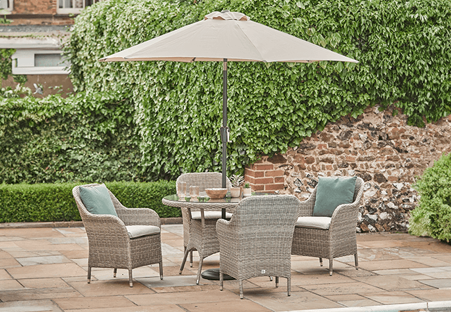 Image of LG Monte Carlo Sand 4 Seat Dining Set with 2.5m Parasol