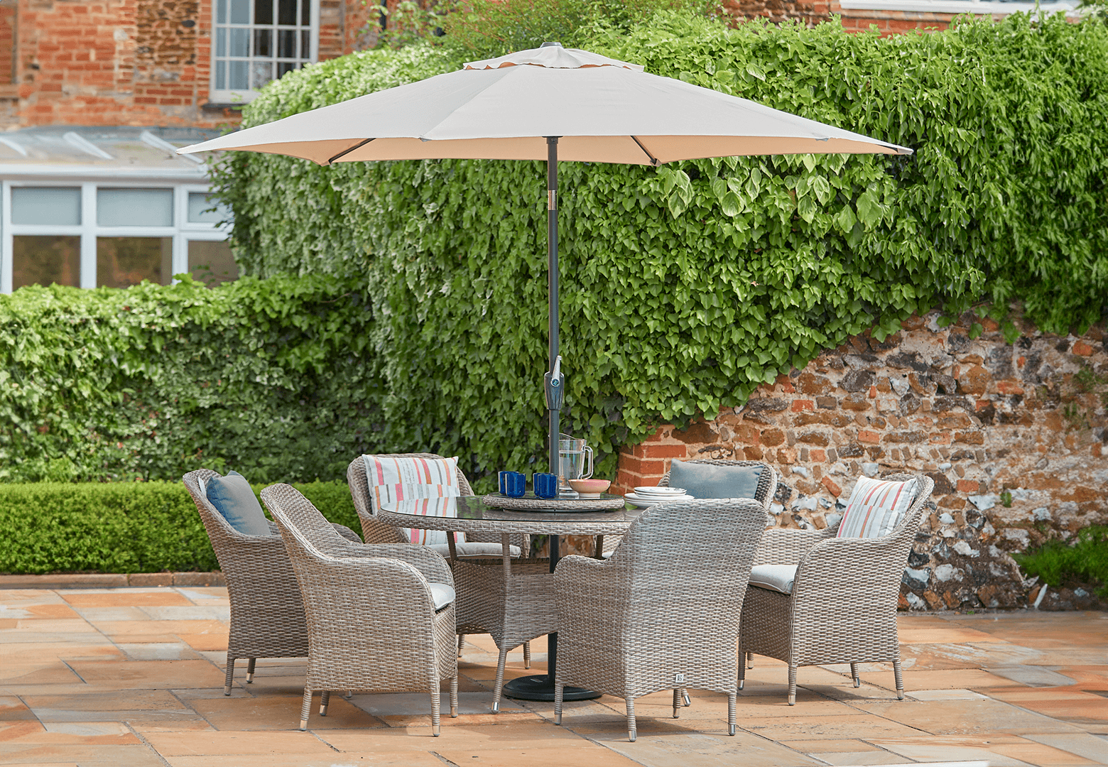 Image of LG Monte Carlo Sand 6 Seat Dining Set with Lazy Susan and 3m Parasol