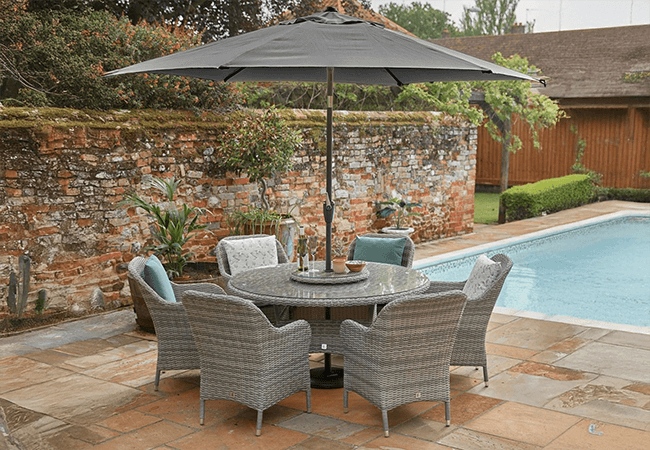 Image of LG Monte Carlo Stone 6 Seat Dining Set with Weave Lazy Susan and 3m Parasol