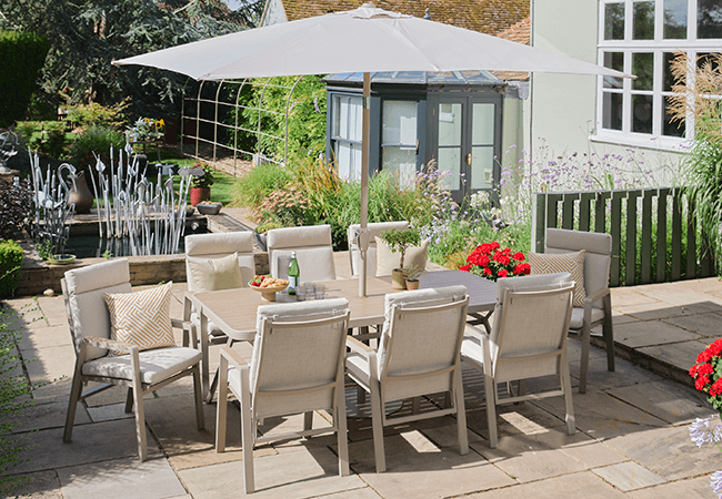 Image of LG Sorrento 8 Seat Dining Set with Deluxe 3x2m Parasol