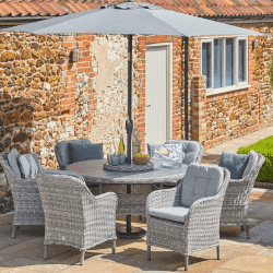 Image of LG St Tropez Stone 6 Seat Dining Set with Weave Lazy Susan and 3.0m Parasol
