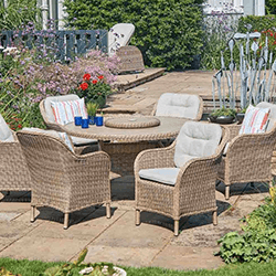 Image of LG St Tropez Sand 6 Seat Dining Set with Weave Lazy Susan and 3.0m Parasol