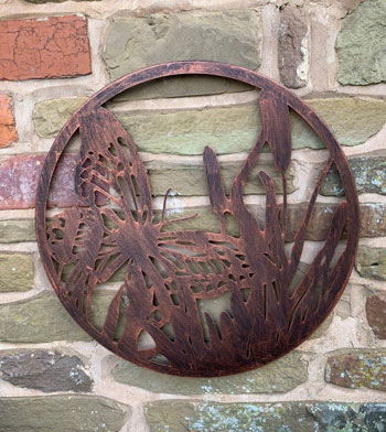 Image of Butterfly On Reeds In A Copper Finish Steel Garden Screen - 45cm dia.