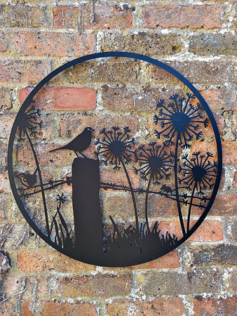 Image of Bird Perching On A Post Surrounded By Dandelions Black Steel Garden Screen - 45cm dia.