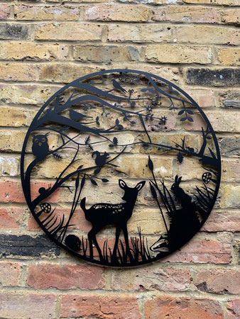 Image of Woodlands Wild Animals Black Screen Garden Art Wall Plaque - 60cm dia.