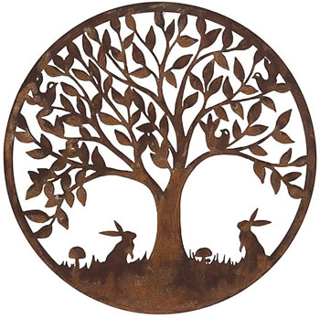 Image of Rustic Round Steel Metal Woodland Rabbit Wall Art Plaque- 60cm