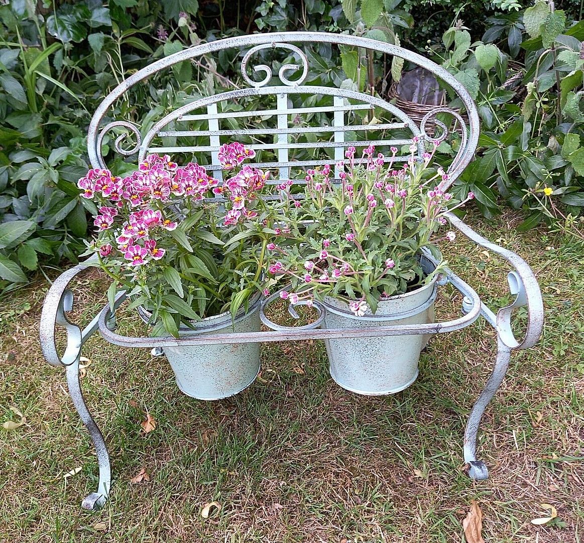 Image of Verdigris Metal Garden Bench Pot Planter Holder