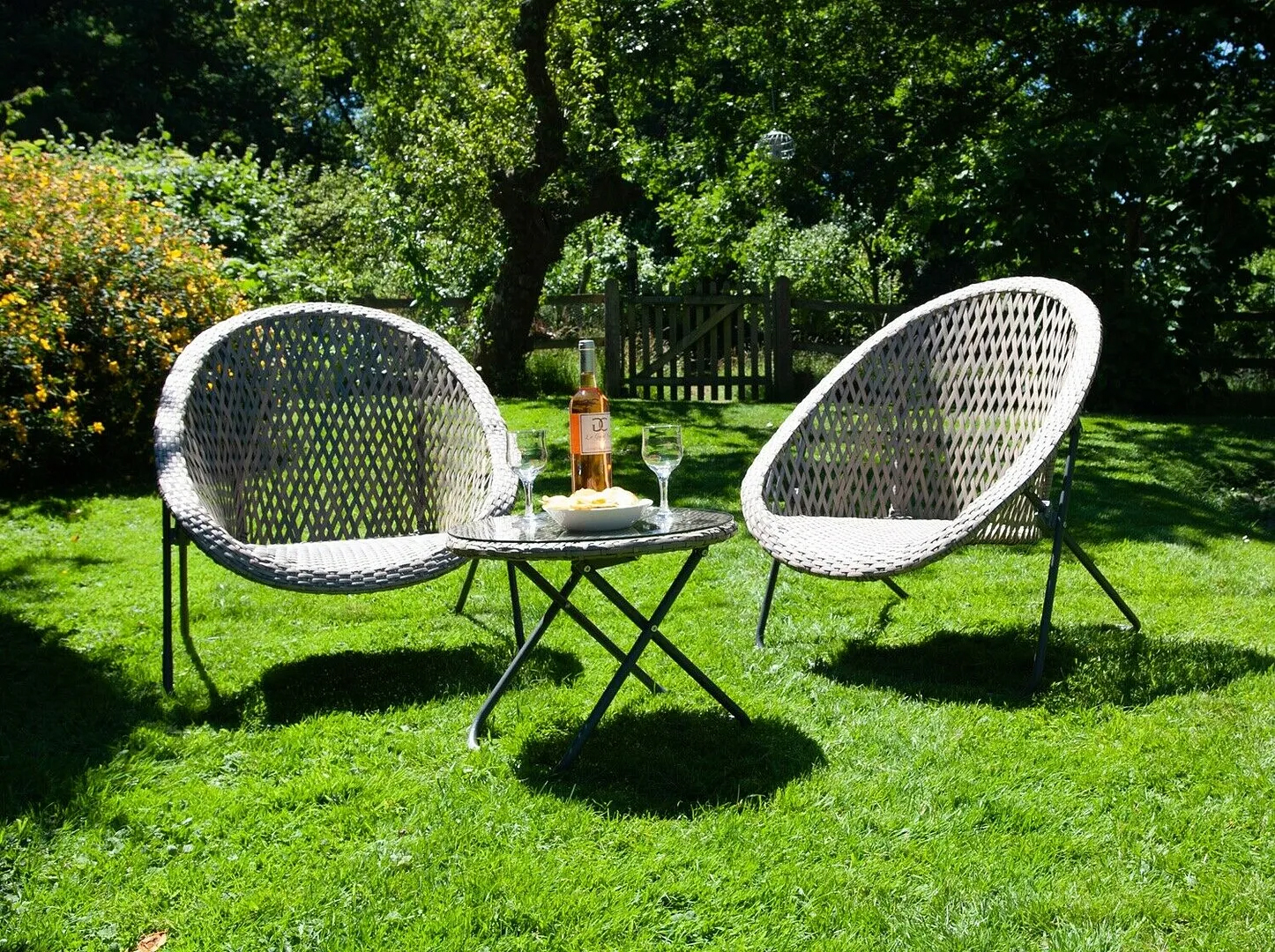 Image of Faux Rattan Folding Patio Furniture Set With Matching Glass Top Coffee Table & 2 Chairs - Clay Grey