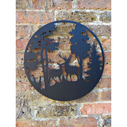 Small Image of Black Deer In Ever Green Woods Steel Garden Screen - 45cm dia.