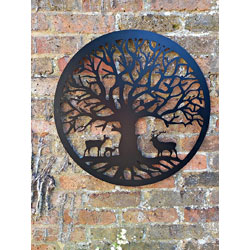 Small Image of Deer Family Under A Tree Black Steel Garden Screen - 60cm Dia.