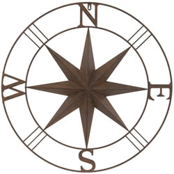 Image of Rust Coloured Round Metal Compass Wall Art Screen - 74cm