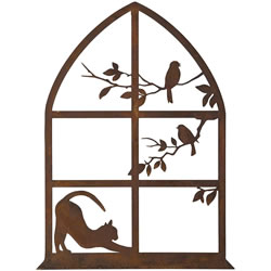 Image of Rustic Cat Stretching on a Window Sill Steel Garden Plaque - 60cm tall