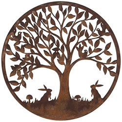 Image of Rustic Round Steel Metal Woodland Rabbit Wall Art Plaque- 60cm