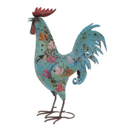 Image of Blue Painted Metal Cockerel Garden Ornament