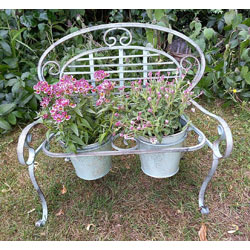 Image of Verdigris Metal Garden Bench Pot Planter Holder